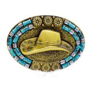 Men Women Gold Metal Western Fashion Belt Buckle Cowboy Hat Turquoise Blue Color